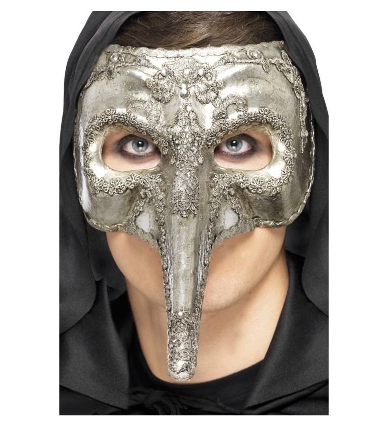 Benátská stříbrná maska s dlouhým nosem
