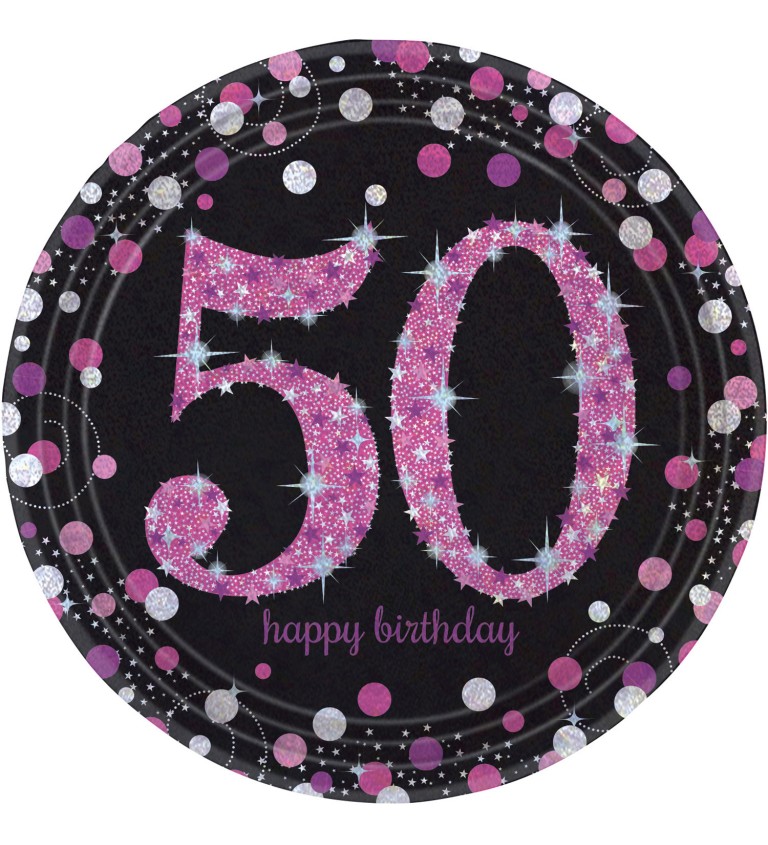 Talíř 50 Happy Birthday - třpytivě růžový